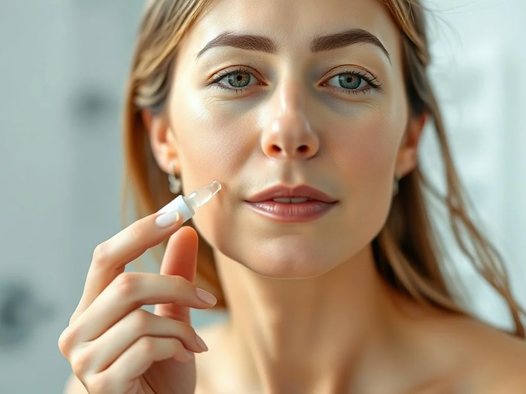 Kobieta nakłada serum na zdrową, promienną skórę twarzy w minimalistycznej łazience.