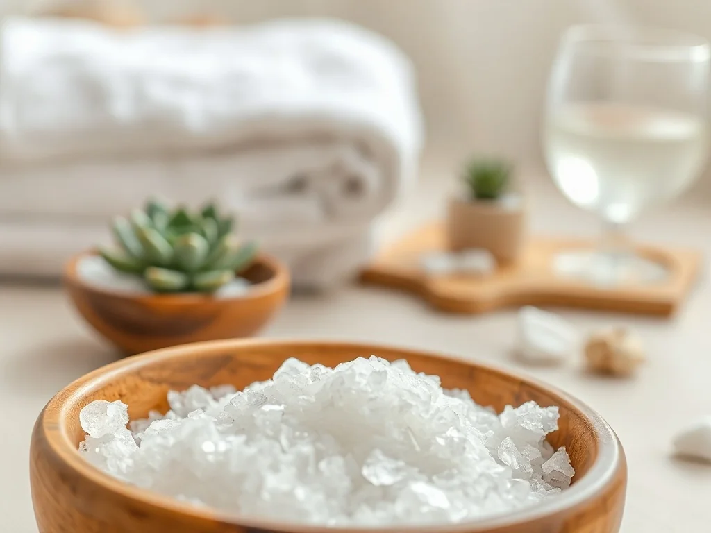 Białe kryształki soli Epsom w drewnianej miseczce na tle relaksującej przestrzeni spa w jasnych barwach.